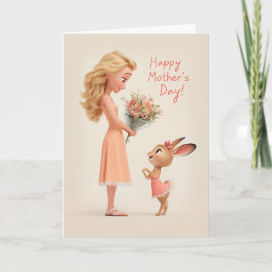 Carte Lapin mignon offrant des fleurs à une femme pour l