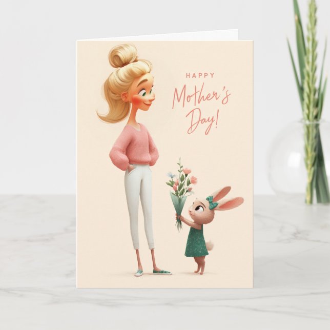 Carte Lapin mignon offrant des fleurs de la fête des mèr (Devant)