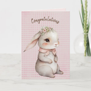 Carte Lapin mignon sur gingham pour nouveau-né