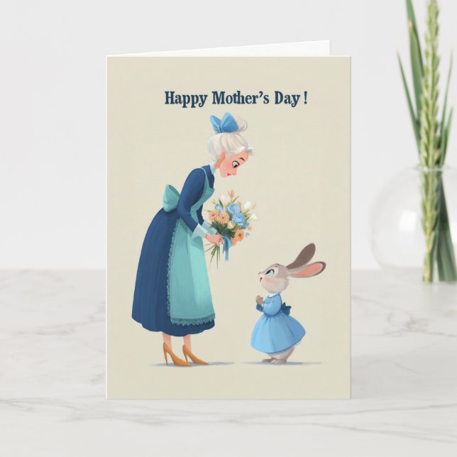 Carte Lapin offrant des fleurs à grand-mère pour la fête (Devant)