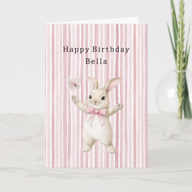 Carte Lapin Papillon Fard Rose Rayures Anniversaire (Devant)