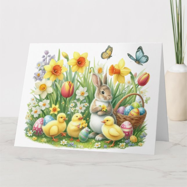 Carte Lapin/poulet printanier classique/vintage (Devant)