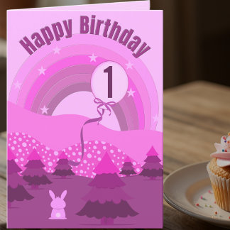 Carte Lapin rose et violet & Arc-en-ciel 1er anniversair