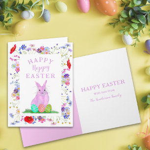 Carte Lapin rose mignon de Pâques floral personnalisé ho