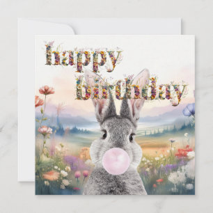 Carte Lapin soufflant bulle rose gomme joyeux anniversai