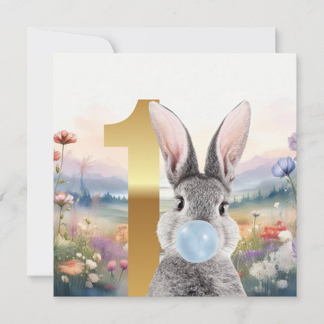 Carte Lapin soufflant un bubble gum bleu Premier anniver (Devant)