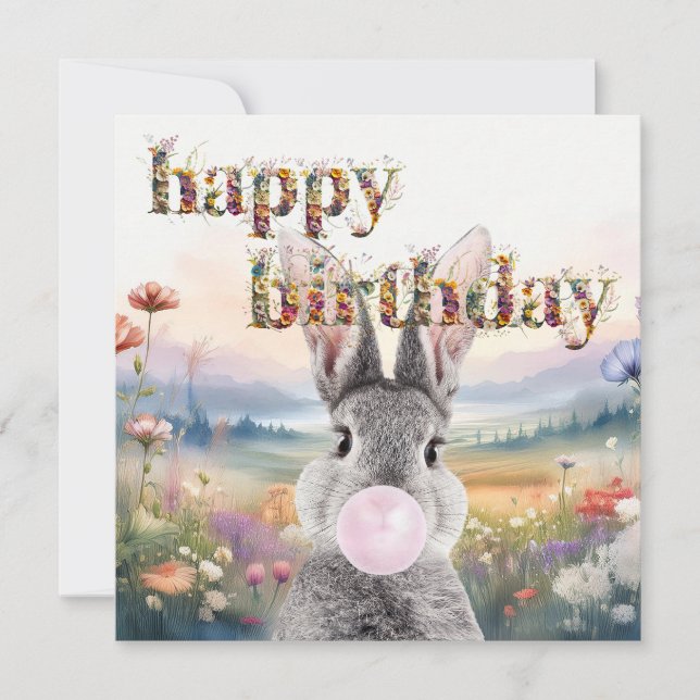 Carte Lapin soufflant un bubble gum rose Joyeux Annivers (Devant)