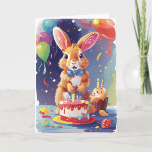 Carte Lapin souriant avec gâteau et ballons