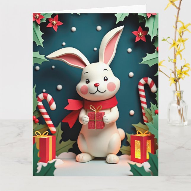 Carte Lapin sucré avec cadeau en hiver scène de Noël (Fleur jaune)