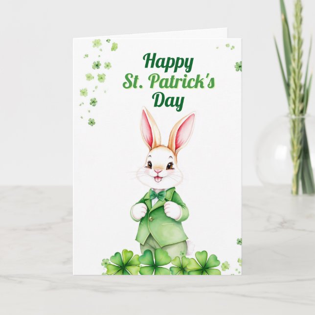 Carte Lapin vert élégant avec trèfles Saint-Patrick (Devant)