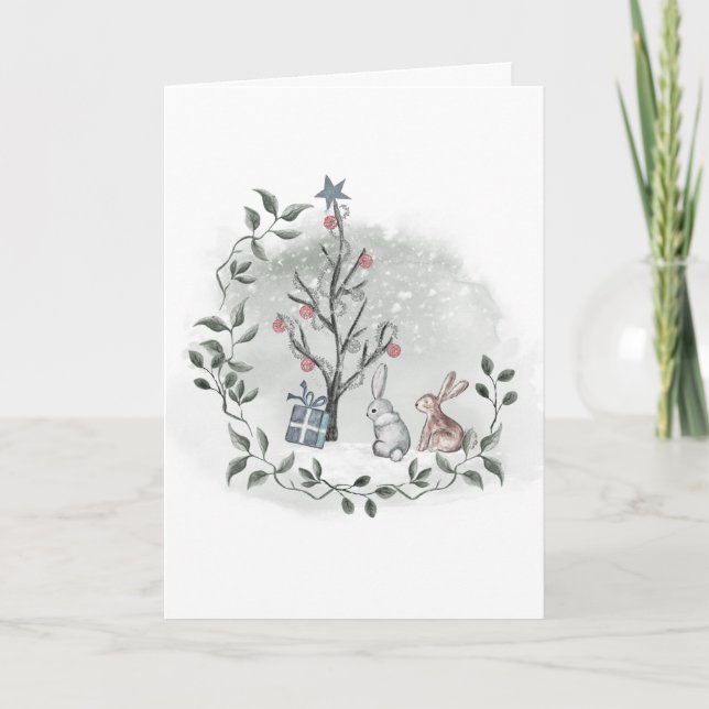 Carte Lapins à l'aquarelle Arbre de Noël (Devant)