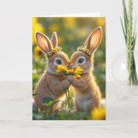 Lapins d'anniversaire sentant un tournesol jaune