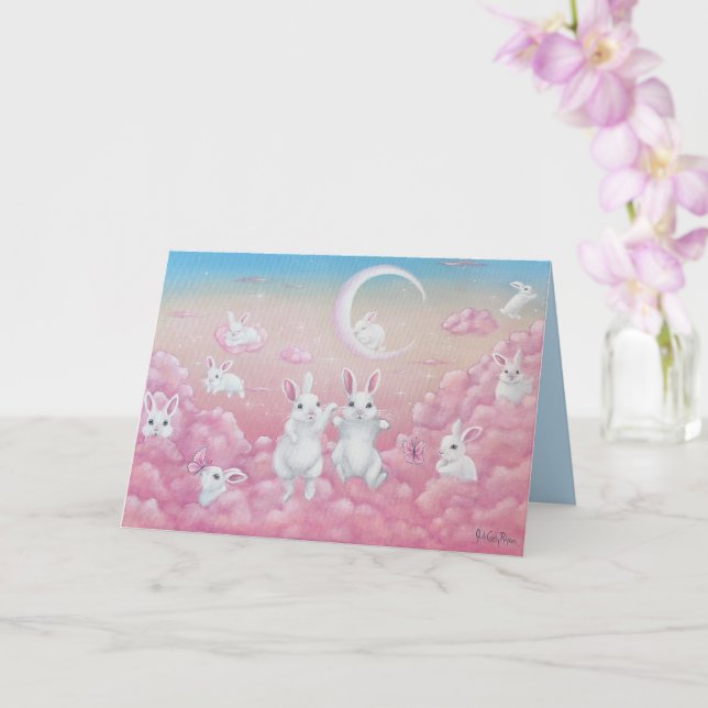 Carte Lapins dans des nuages roses, art fantaisiste (Orchidée)