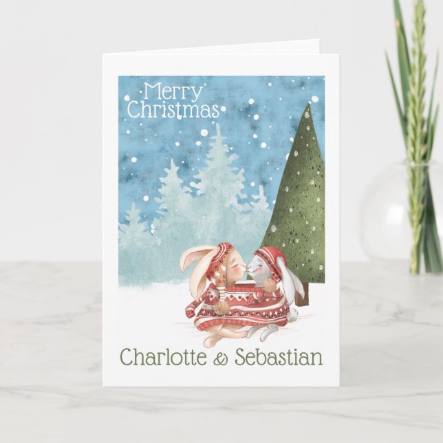 Carte Lapins de Noël embrassant en pull d'hiver (Devant)