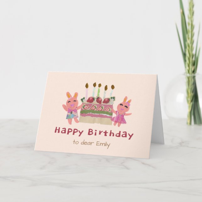 Carte Lapins en collage de papier rose pour anniversaire (Devant)