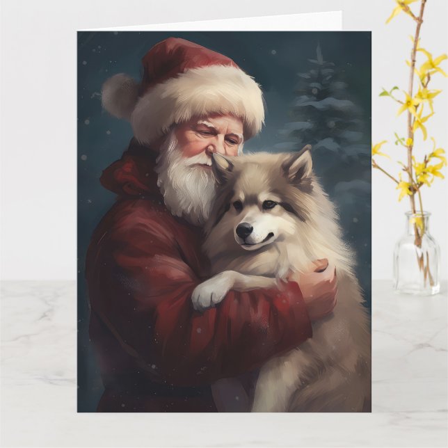 Carte Lapphund finlandais Noël festif du Père Noël (Fleur jaune)