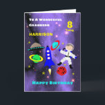 Carte L'astronaute du vaisseau spatial de Grandson migno<br><div class="desc">Caricature super mignonne avec un astronaute dans l'espace,  fusée,  étoiles,  planètes et vaisseau spatial ; un design si amusant et coloré et facile à customiser avec un nom,  un âge et un message,  pour cette touche spéciale supplémentaire sans frais supplémentaires.</div>