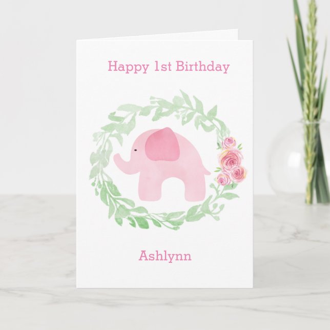 Carte Laurel Aquarelle rose Eléphant 1er anniversaire (Devant)