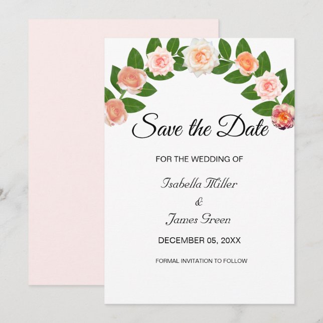 Carte Laurel et mariage Rose Enregistrer la date Invitat (Devant / Derrière)