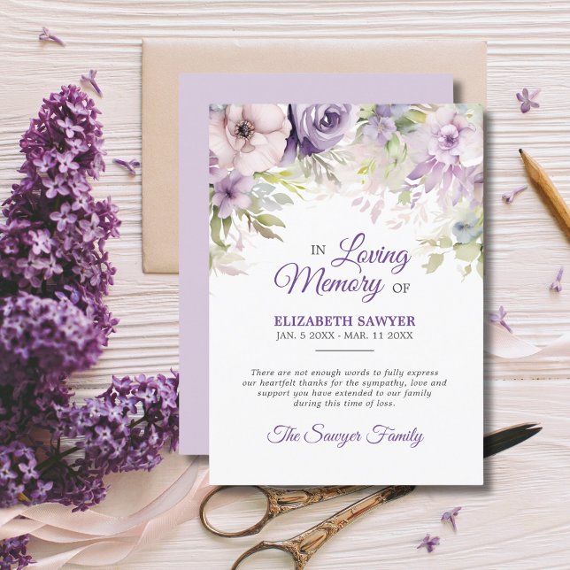 Carte Lavande funéraire violet violet MERCI mémoire viol (Funeral Lavender Purple Violet Memory THANK YOU Card)