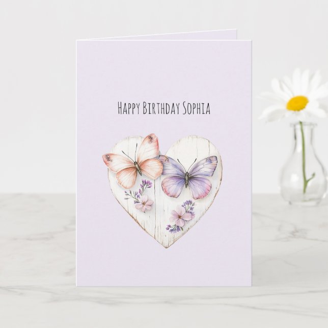 Carte Lavender Pink Floral Heart Butterflies Birthday (Petite plante)