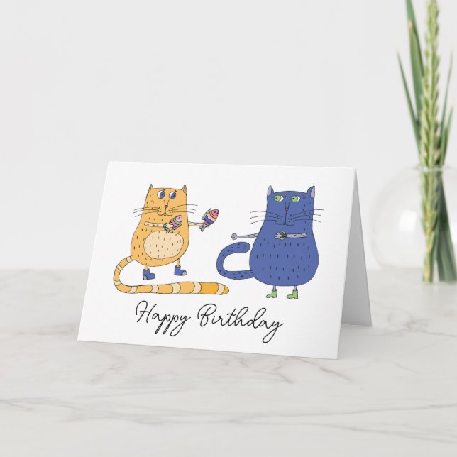 Carte Le chat donne un poisson au chat pour son annivers (Devant)