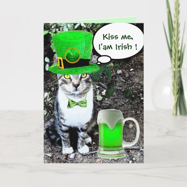 CARTE LE JOUR DE SAINT PATRICK CAT WITH GREEN IRISH (Devant)