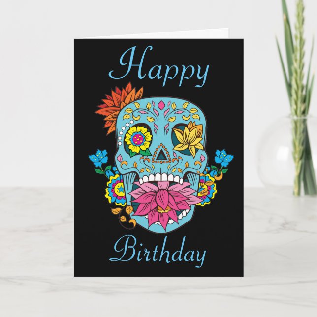 Carte Le joyeux anniversaire fleurit le crâne mexicain (Devant)