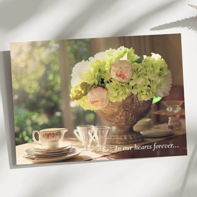 Carte Le Merci funèbre carde l'arrangement vintage de (Sympathy Funeral Thank You Card Hydrangea and vintage tea set)