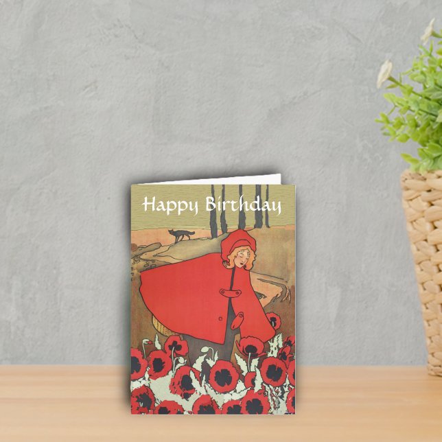 Carte Le pavot rouge vintage de capuchon fleurit (Red riding hood red cape picking poppy flowers with wolf in background on Happy Birthday card.)