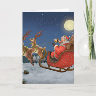 Carte Le Père Noël vintage dans son Sleigh