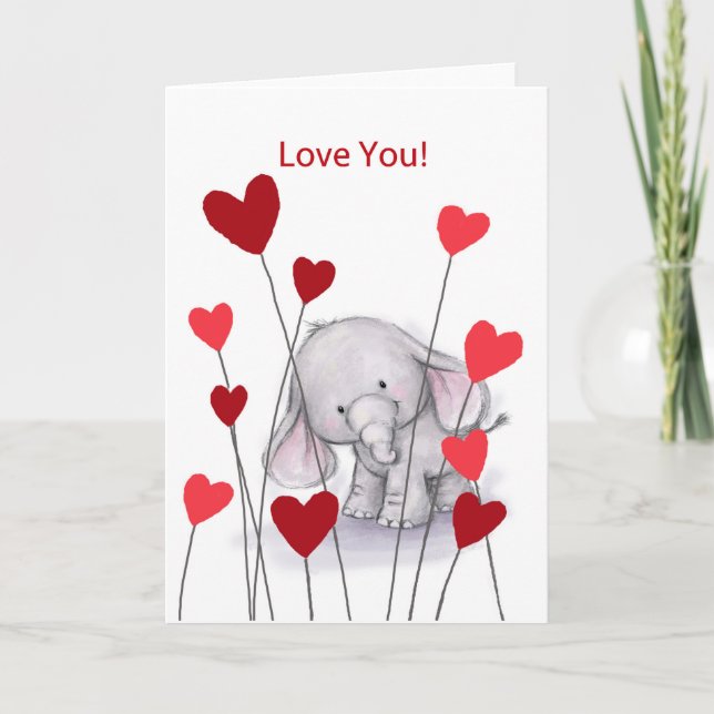 Carte Le petit éléphant mignon avec le coeur rouge, vous (Devant)