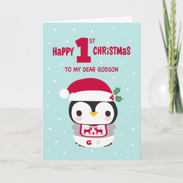 Carte Le premier Noël de mon filleul avec bébé manchot (Devant)