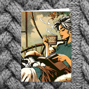 Carte Lecture douce Lady avec café et chat