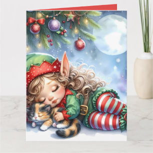 Carte L'elfe de Noël endormi avec un chaton calicot