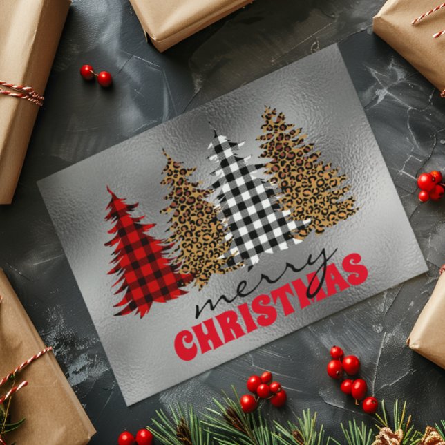Carte Leopard Buffalo Plaid Christmas Tree Argent (Créateur téléchargé)