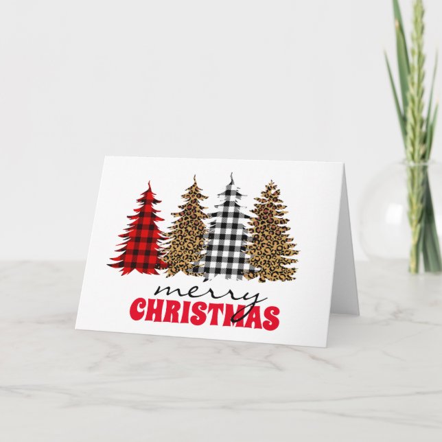 Carte Leopard Buffalo Plaid Christmas Tree Argent (Devant)