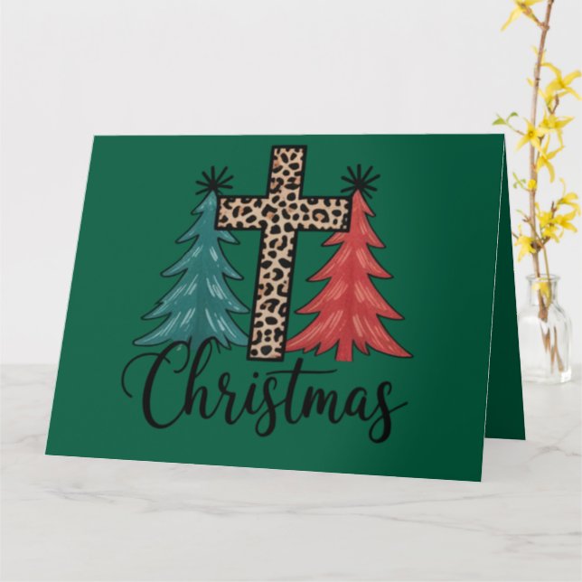 Carte Léopard croix arbres de Noël chrétien  (Fleur jaune)