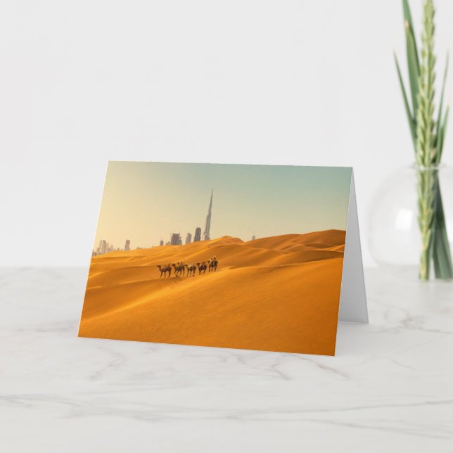 Carte Les déserts | Vue Skyline de Dubaï avec chameaux (Devant)