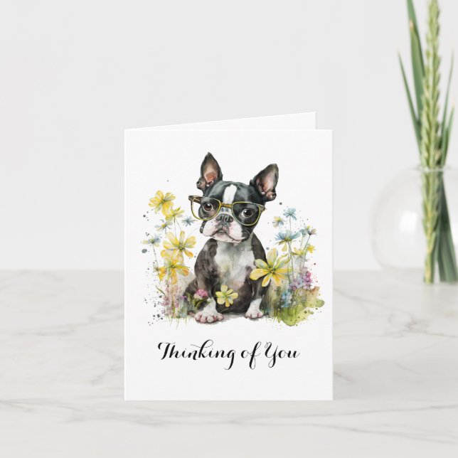 Carte Les lunettes de fleurs Boston Terrier pensent à vo (Devant)