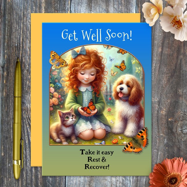 Carte Les mignons amis animaux se portent bien bientôt (Cute Get Well Soon card featuring a painting of a girl with butterflies, a cute kitty and dog)