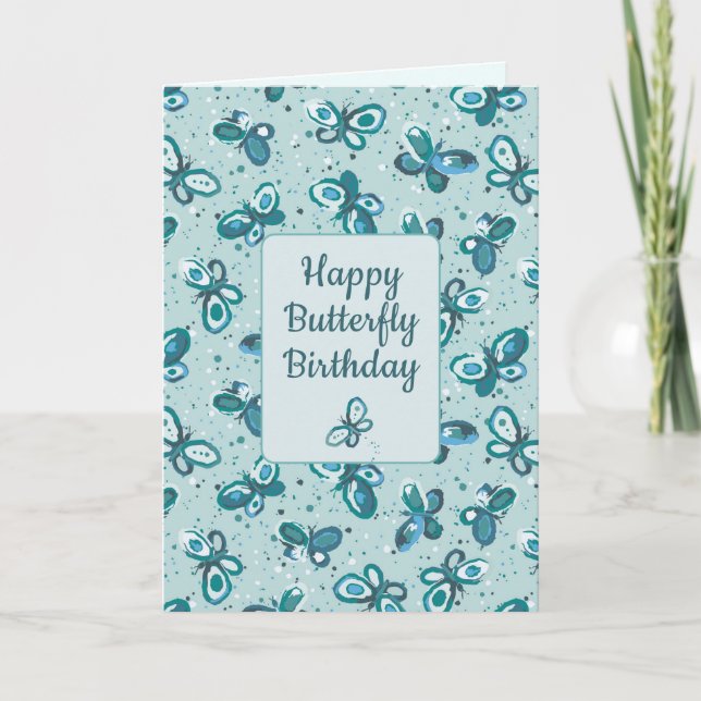 Carte Les papillons Doodle - turquoise - anniversaire. (Devant)