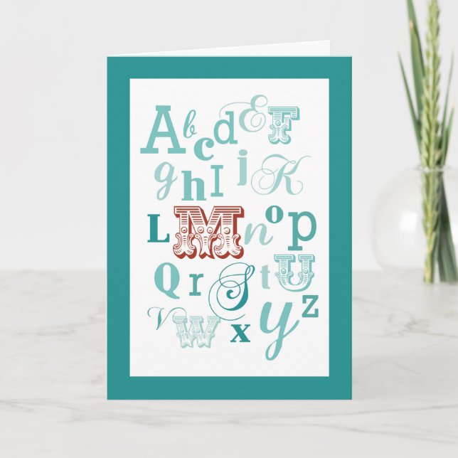 Carte Lettre M Nom initial Alphabet Anniversaire Turquoi (Devant)