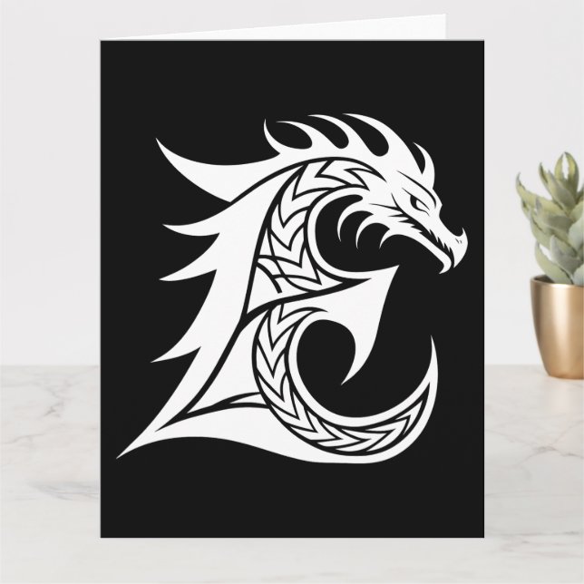 Carte LETTRE STYLE dragon E, Alphabet dragon, Monogramme (Petite plante)
