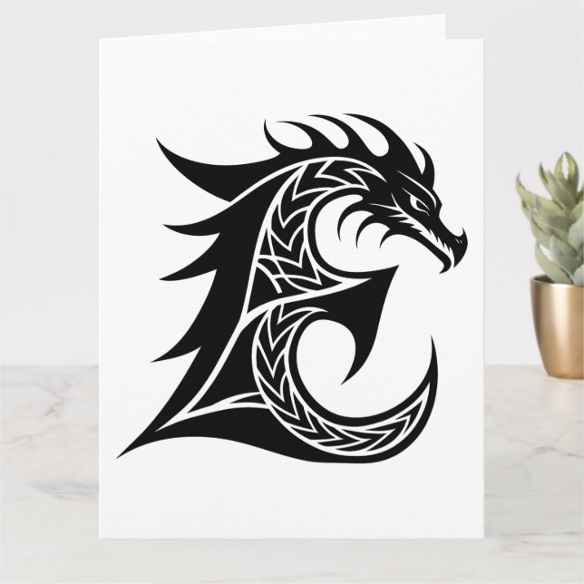 Carte LETTRE STYLE dragon E, Alphabet dragon, Monogramme (Petite plante)