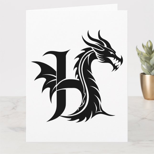 Carte LETTRE STYLE Dragon H, Alphabet Dragon, Monogramme (Petite plante)