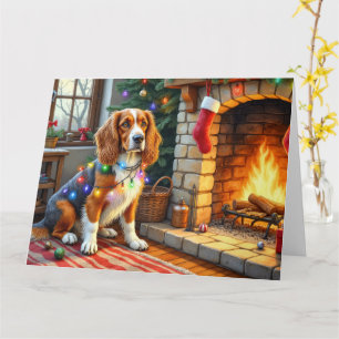 Carte Lévrier Afghan cheminée avec lumières de Noël