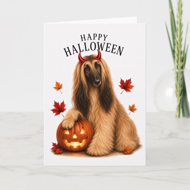 Carte Lévrier Afghan Chien Diable d'Halloween (Devant)
