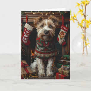 Carte Lévrier avec des cadeaux de Noël cheminée