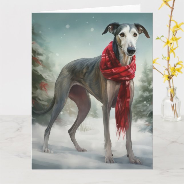 Carte Lévrier dans la neige de Noël (Fleur jaune)